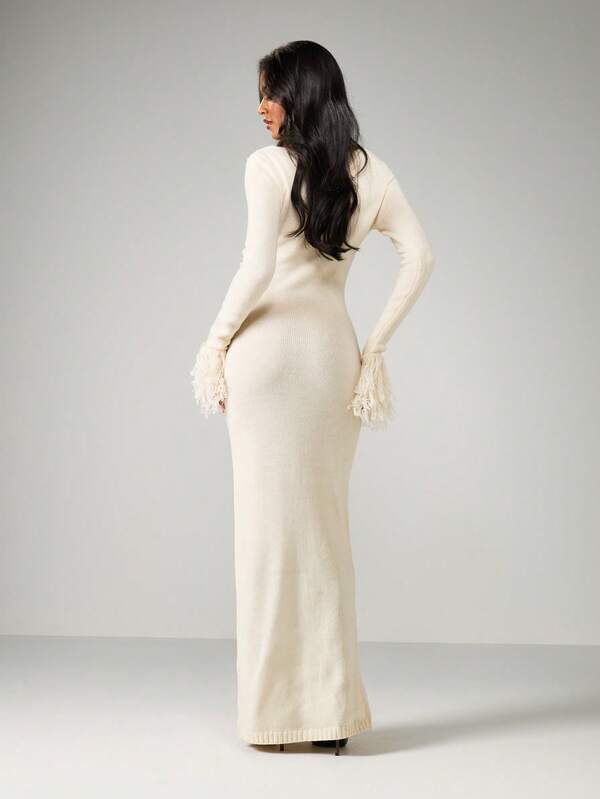Missguided MISSGUIDED Ribbed Knit Maxi Dress With Feather Cuffs