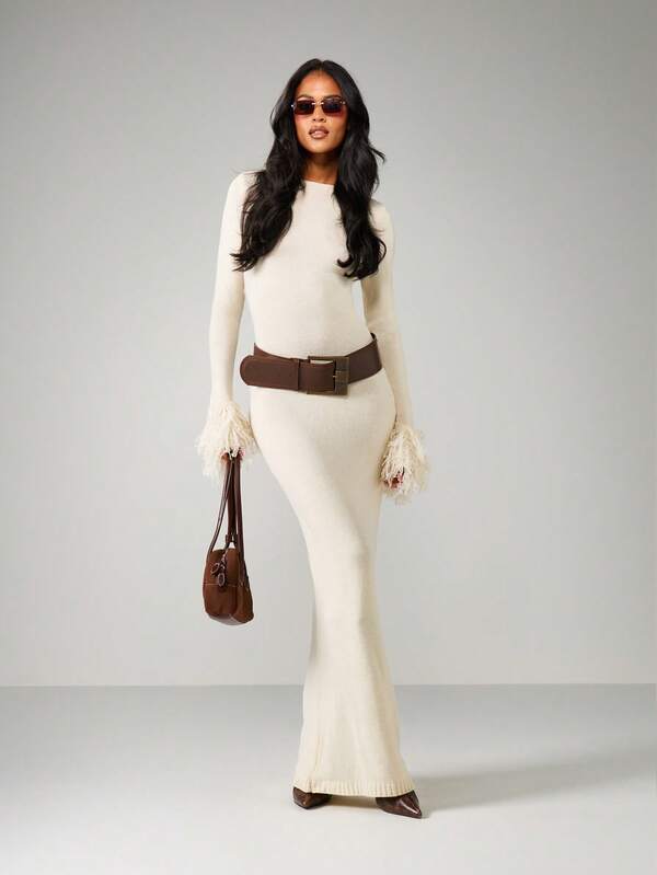 missguided MISSGUIDED Ribbed Knit Maxi Dress With Feather Cuffs