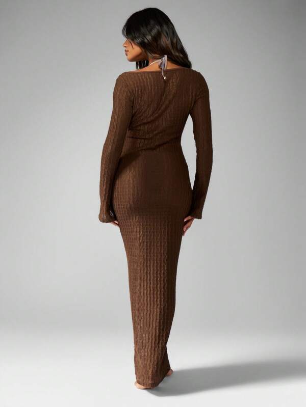 Missguided MISSGUIDED Ribbed Knit Maxi Dress With Statement Cutout And Long Bell Sleeves