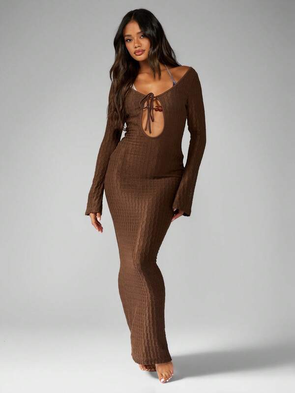 Missguided MISSGUIDED Ribbed Knit Maxi Dress With Statement Cutout And Long Bell Sleeves