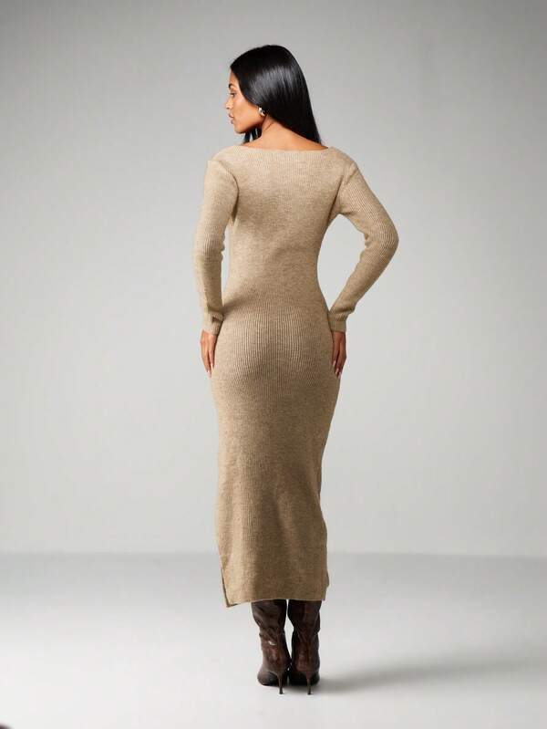 Missguided MISSGUIDED Ribbed Knit Maxi Dress With V Neck