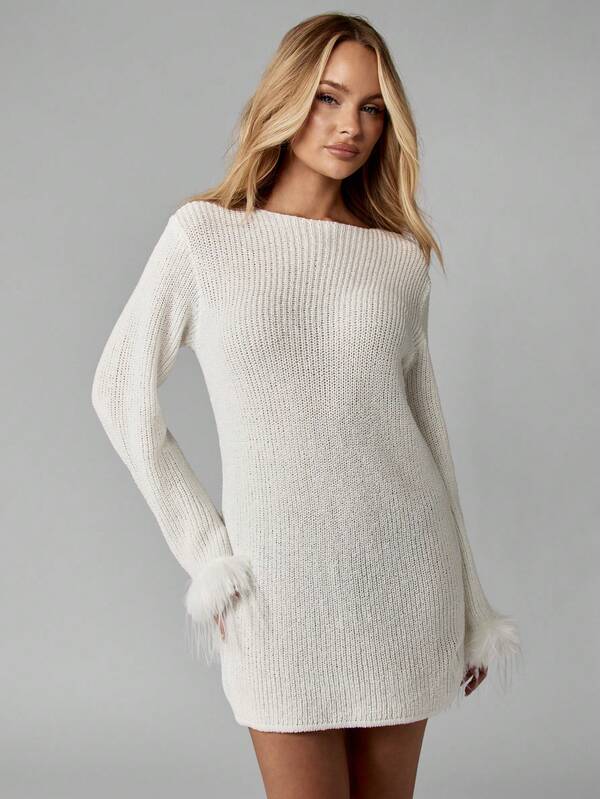 Missguided MISSGUIDED Ribbed Knit Mini Dress With Fur Cuffs