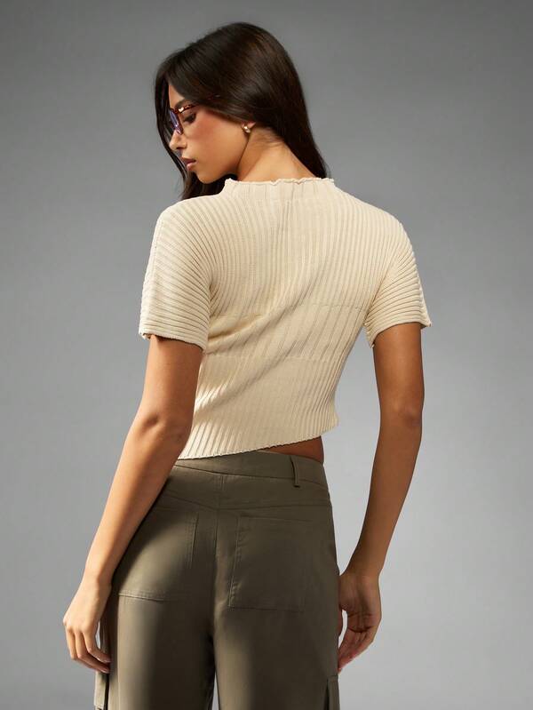 Missguided MISSGUIDED Ribbed Knit Mock Neck Crop Top With Short Sleeves