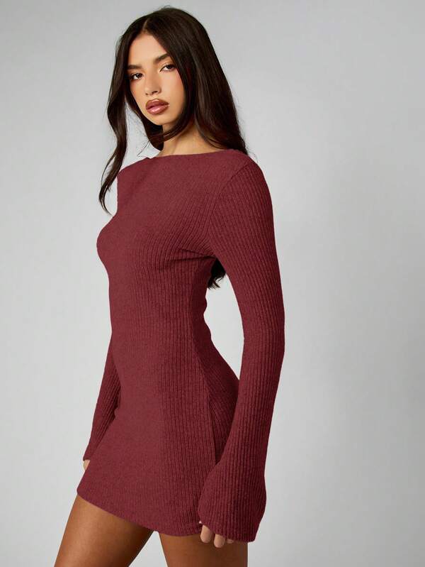 missguided MISSGUIDED Ribbed Knit Off Shoulder Mini Dress