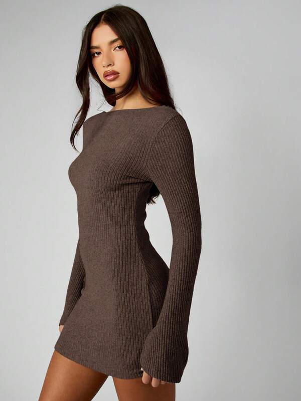 missguided MISSGUIDED Ribbed Knit Off Shoulder Mini Dress
