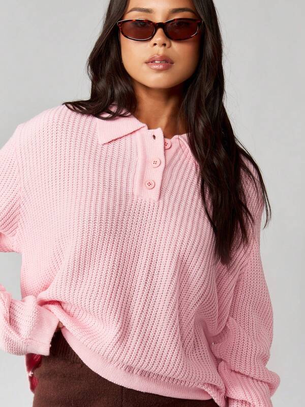 Missguided MISSGUIDED Ribbed Knit Polo Sweater With Buttons