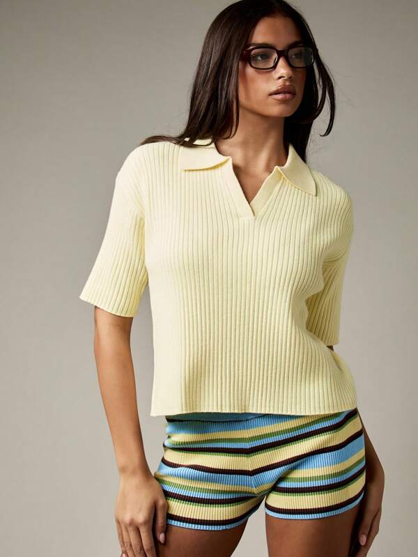 missguided MISSGUIDED Ribbed Knit Polo Sweater With Short Sleeves