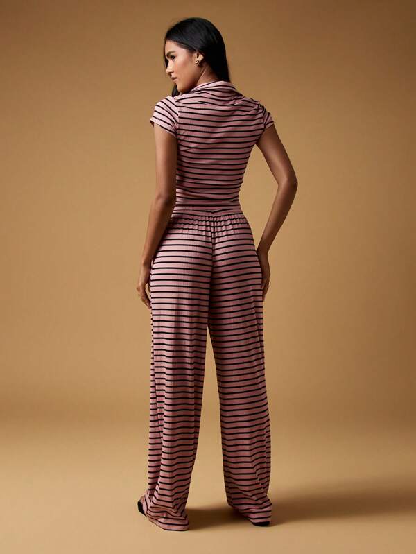 Missguided MISSGUIDED Ribbed Knit Polo Top And Wide Leg Pants Set