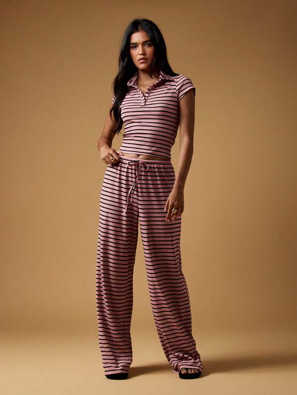 missguided MISSGUIDED Ribbed Knit Polo Top And Wide Leg Pants Set