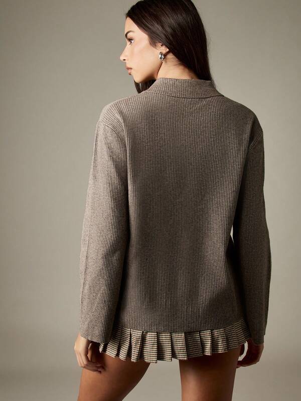 Missguided MISSGUIDED Ribbed Knit Polo Top With Button Front