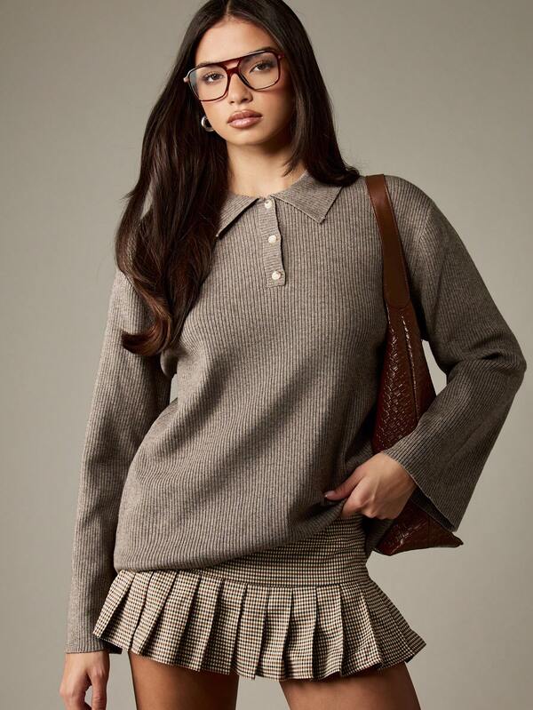 Missguided MISSGUIDED Ribbed Knit Polo Top With Button Front