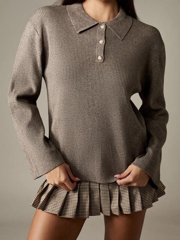 missguided MISSGUIDED Ribbed Knit Polo Top With Button Front
