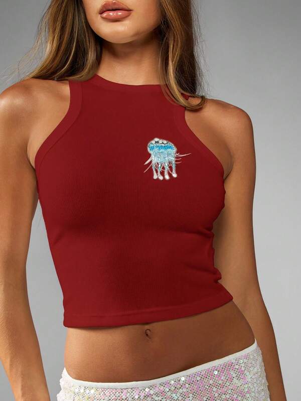 missguided MISSGUIDED Ribbed Knit Sleeveless Crop Top With Jellyfish Applique