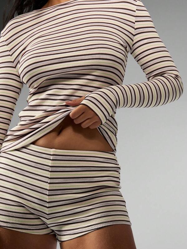 Missguided MISSGUIDED Ribbed Knit Striped Crop Top And Shorts Set
