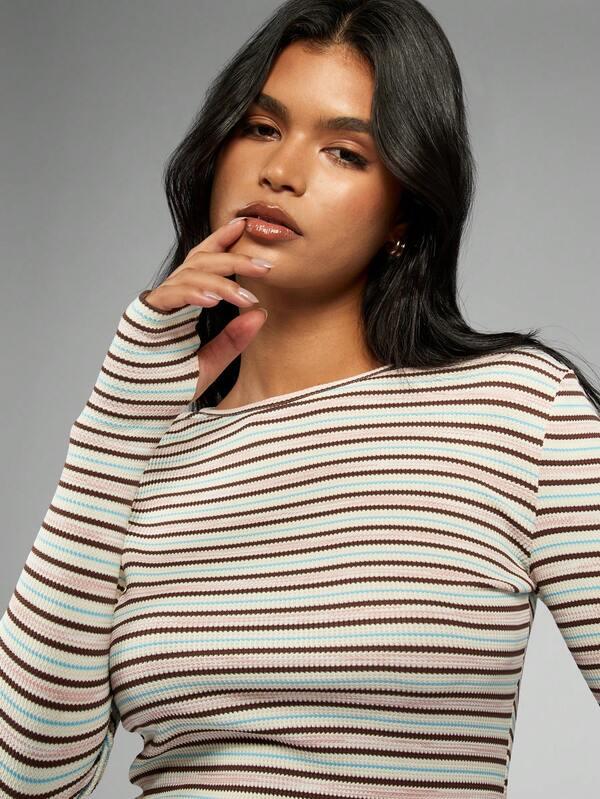 Missguided MISSGUIDED Ribbed Knit Striped Long Sleeve Crop Top High Waist Shorts Set