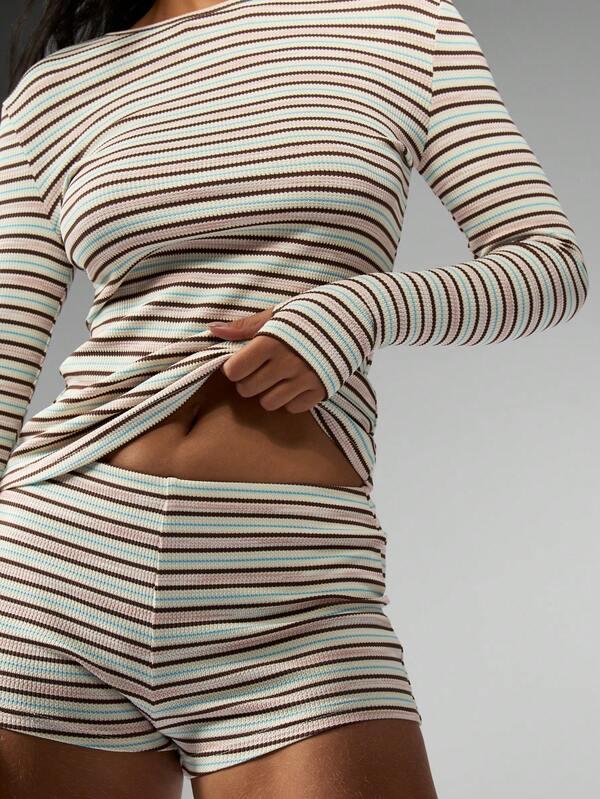 Missguided MISSGUIDED Ribbed Knit Striped Long Sleeve Crop Top High Waist Shorts Set