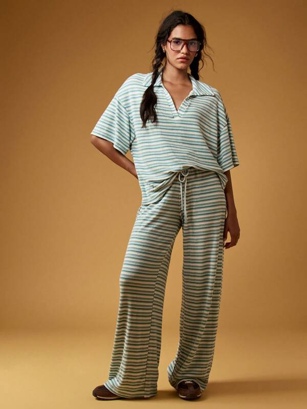 missguided MISSGUIDED Ribbed Knit Striped Wide Leg Two-Piece Outfit