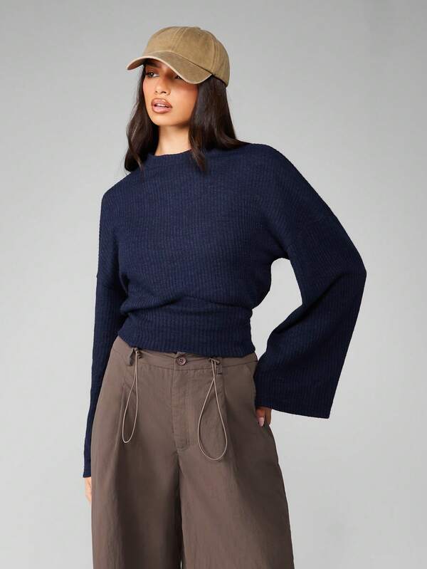 missguided MISSGUIDED Ribbed Knit Sweater With Bell Sleeves And Mock Neck