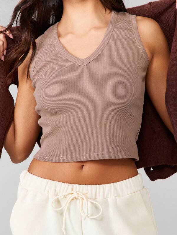 missguided MISSGUIDED Ribbed Knit V Neck Crop Tank With Cap Sleeves