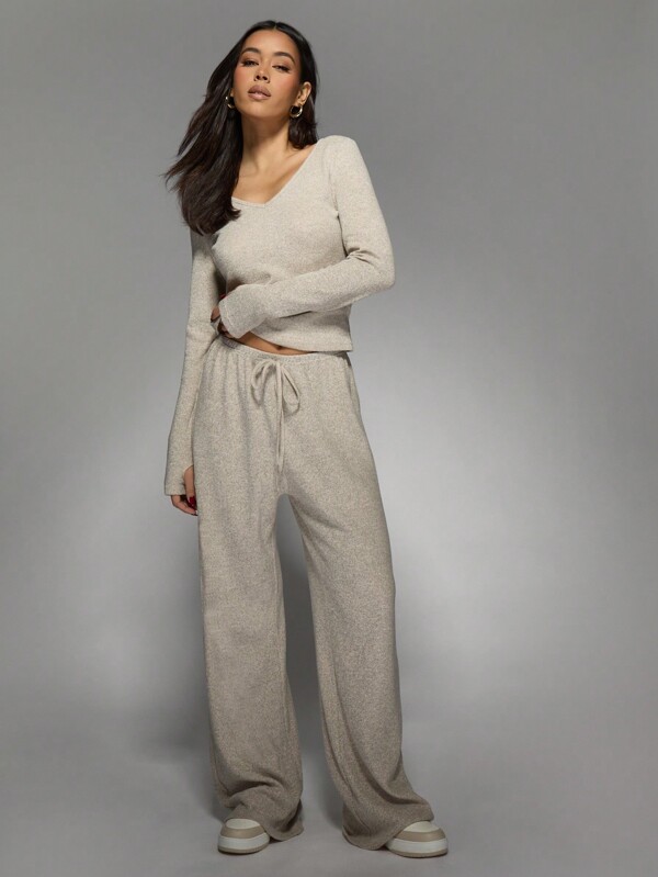 missguided MISSGUIDED Ribbed Knit Wide Leg Two Piece Set