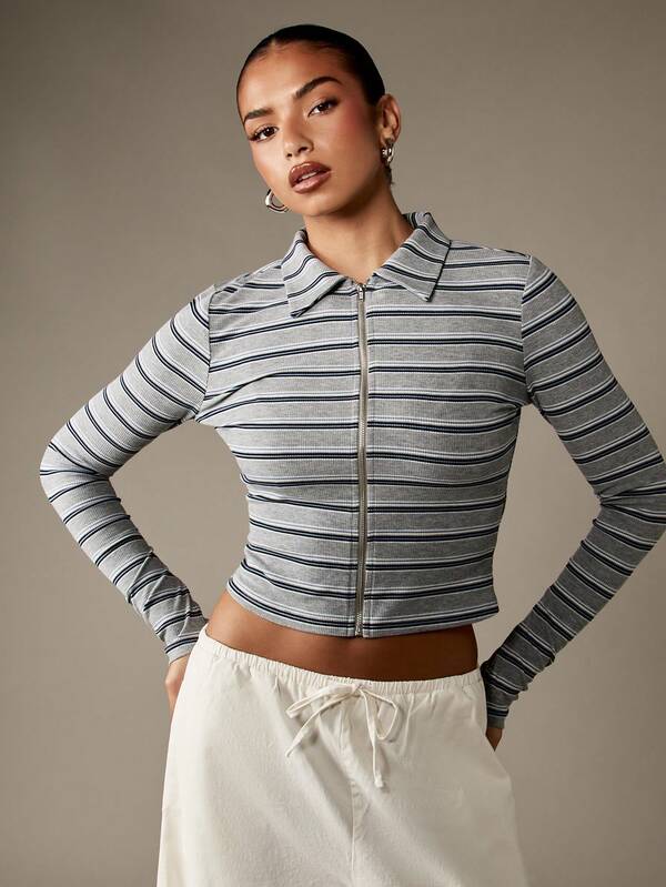 Missguided MISSGUIDED Ribbed Knit Zip Through Cardigan With Collar And Long Sleeves