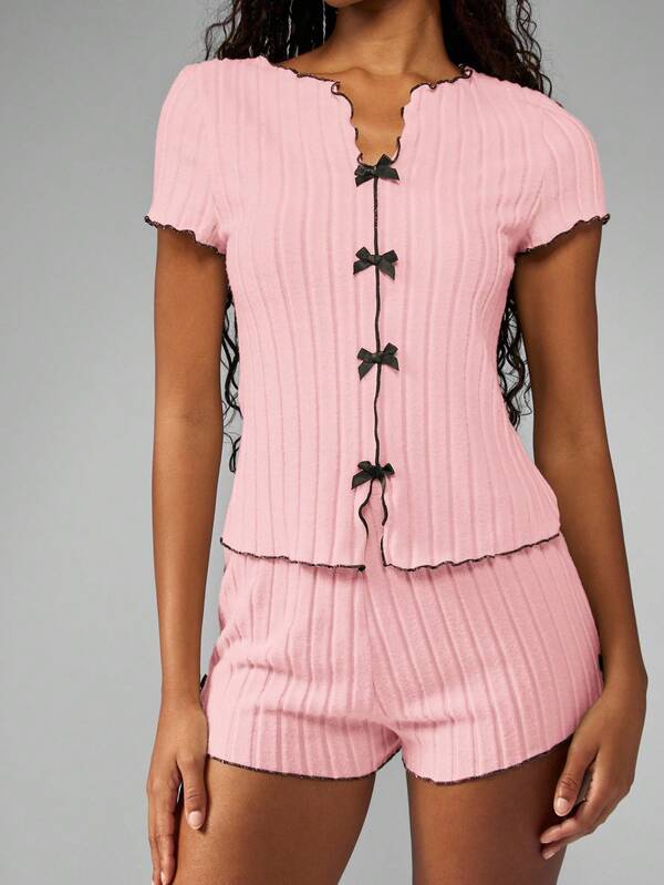 Missguided MISSGUIDED Ribbed Lettuce Edge Bow Front Lounge Set