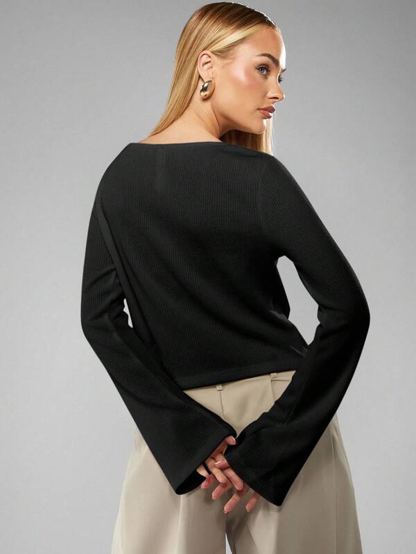 Missguided MISSGUIDED Ribbed Long Sleeve Boat Neck Top