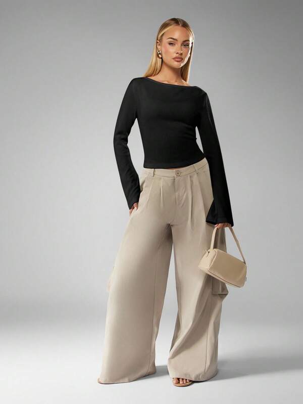 Missguided MISSGUIDED Ribbed Long Sleeve Boat Neck Top