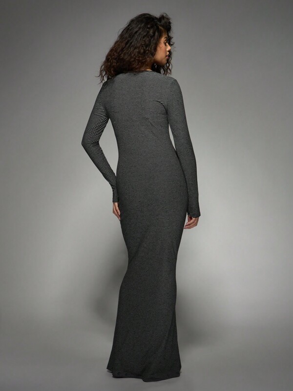 Missguided MISSGUIDED Ribbed Long Sleeve Bodycon Striped Floor Length Maxi Dress