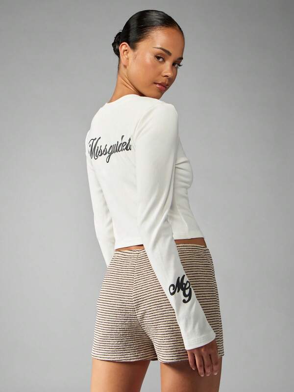 Missguided MISSGUIDED Ribbed Long Sleeve Crop Top With Logo Print
