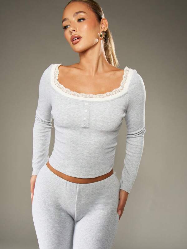 missguided MISSGUIDED Ribbed Long Sleeve Top With Lace Trim Detail