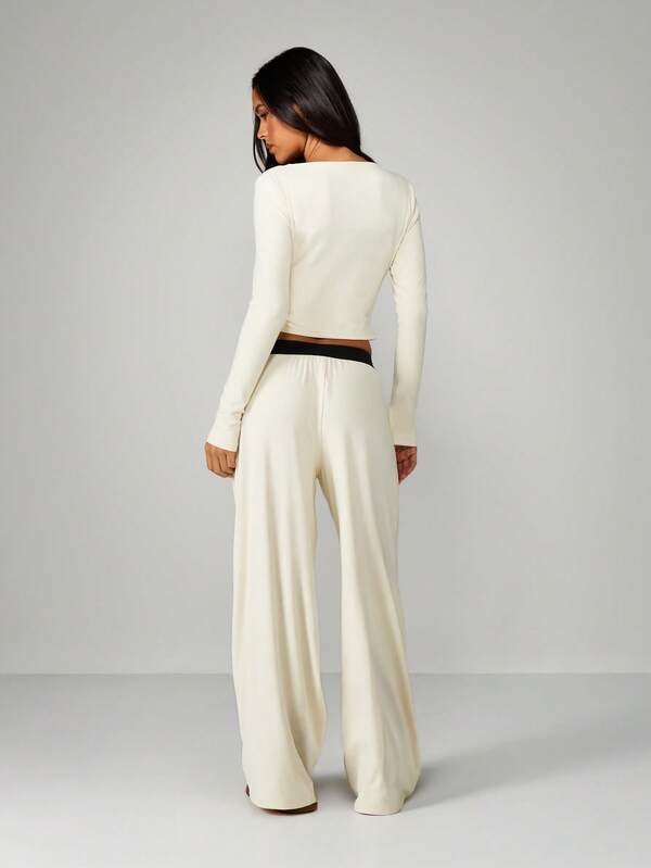 Missguided MISSGUIDED Ribbed Lounge Set With Ruched Front And Wide Leg