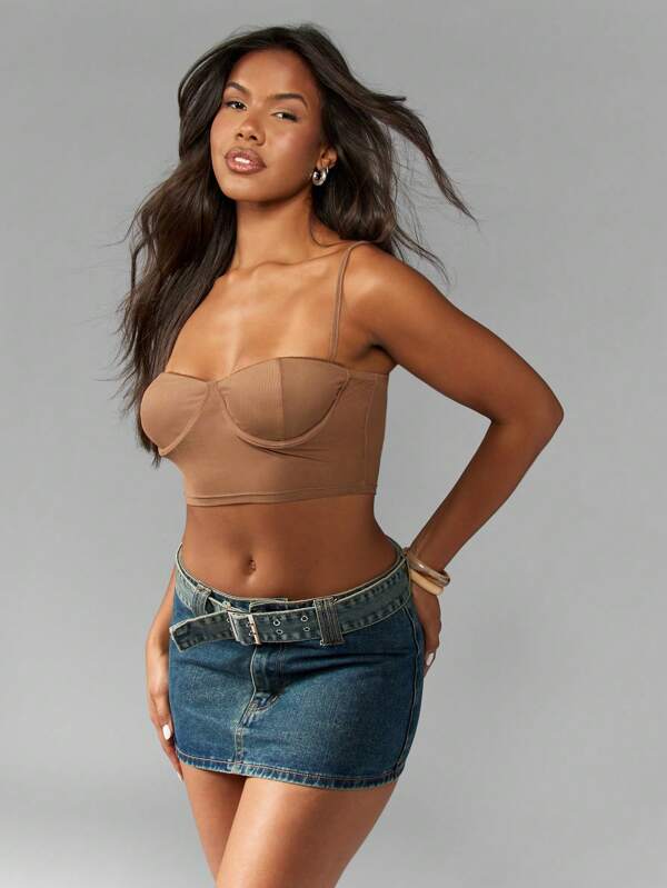 missguided MISSGUIDED Ribbed Mesh Panel Underwire Crop Cami Top With Adjustable Straps