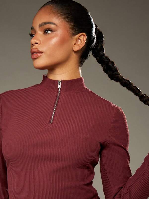 Missguided MISSGUIDED Ribbed Mock Neck Half Zip Crop Top