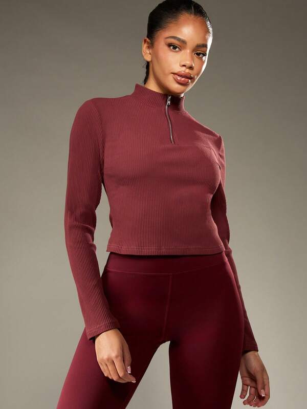 missguided MISSGUIDED Ribbed Mock Neck Half Zip Crop Top