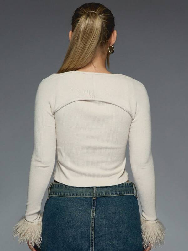 Missguided MISSGUIDED Ribbed Mongolian Fur Trim Long Sleeves Shrug And Top