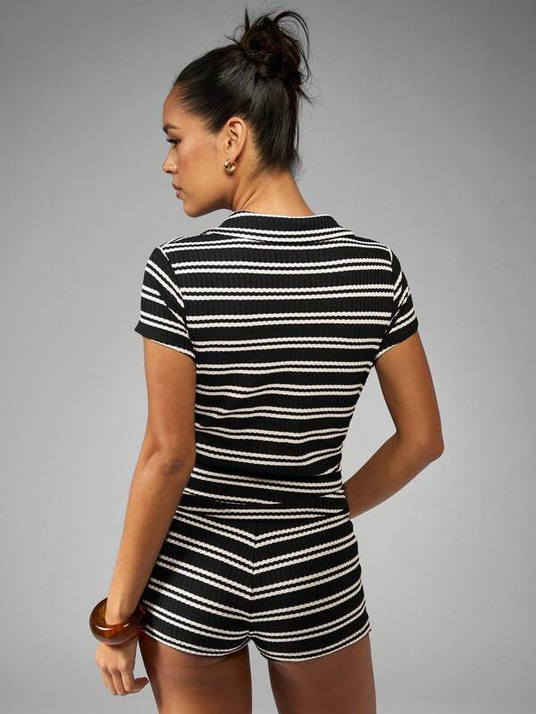 Missguided MISSGUIDED Ribbed Polo Collar Top With High Waist Shorts Set
