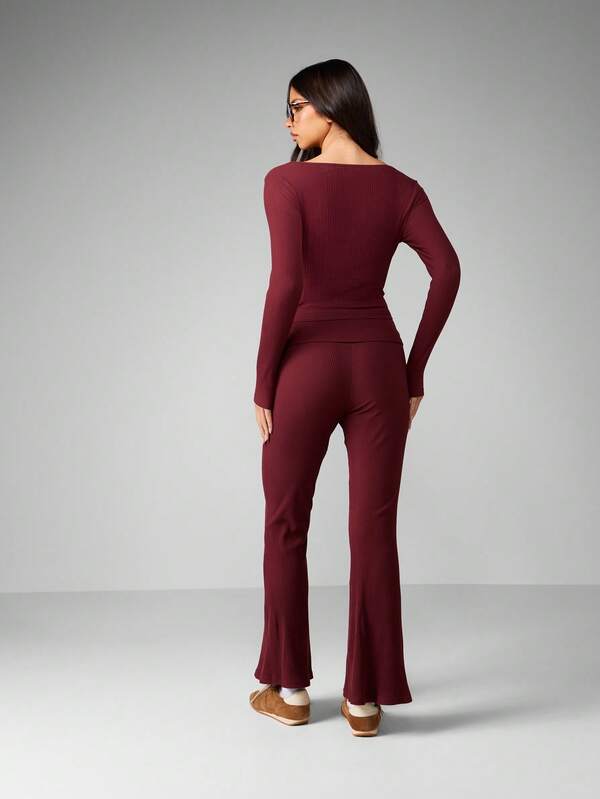 Missguided MISSGUIDED Ribbed Square Neck Crop Top With Flared Pants Set
