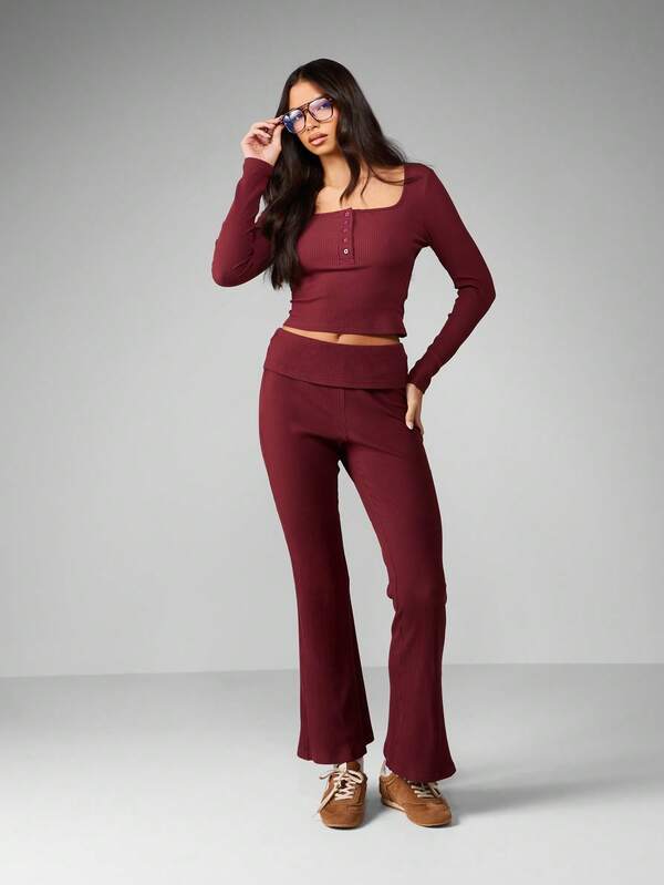 Missguided MISSGUIDED Ribbed Square Neck Crop Top With Flared Pants Set