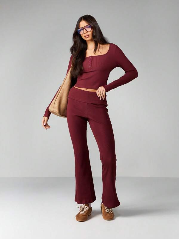 missguided MISSGUIDED Ribbed Square Neck Crop Top With Flared Pants Set
