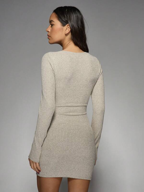 Missguided MISSGUIDED Ribbed Square Neck Long Sleeve Mini Bodycon Dress