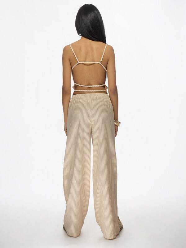 Missguided MISSGUIDED Ribbed Stripe Crop Top Palazzo Pants Loungewear Two-Piece Set