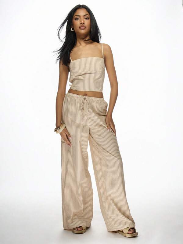 Missguided MISSGUIDED Ribbed Stripe Crop Top Palazzo Pants Loungewear Two-Piece Set