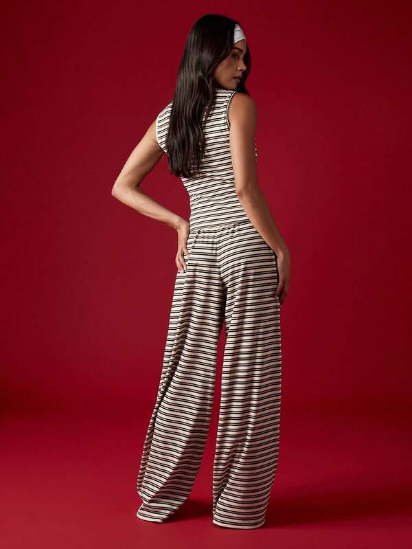 Missguided MISSGUIDED Ribbed Striped Button Through Co Ord With Wide Leg Pants