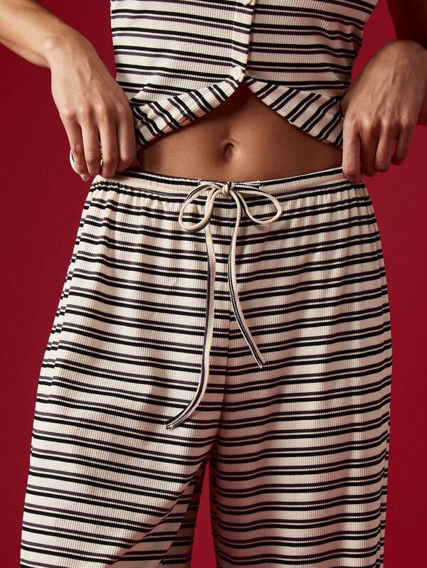 Missguided MISSGUIDED Ribbed Striped Button Through Co Ord With Wide Leg Pants