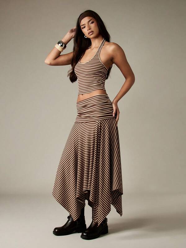 Missguided MISSGUIDED Ribbed Striped Crop Top And Asymmetric Skirt Set