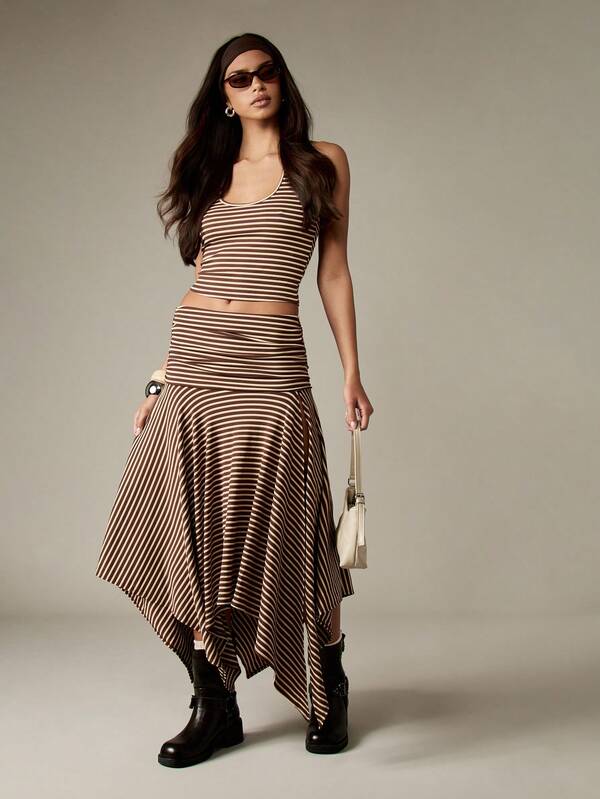 missguided MISSGUIDED Ribbed Striped Crop Top And Asymmetric Skirt Set