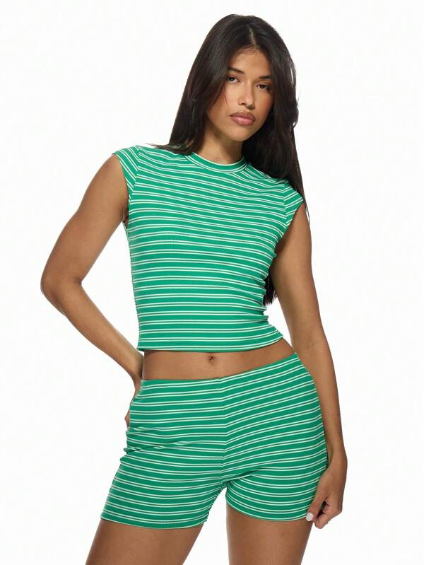 missguided MISSGUIDED Ribbed Striped Crop Top And Biker Shorts Set
