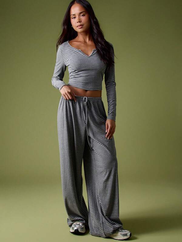 Missguided MISSGUIDED Ribbed Striped Crop Top With Wide Leg Palazzo Pants
