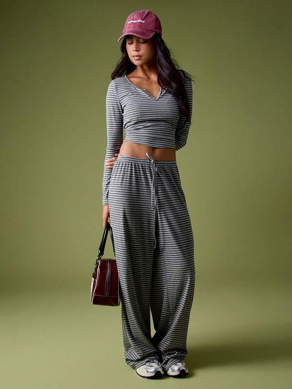 missguided MISSGUIDED Ribbed Striped Crop Top With Wide Leg Palazzo Pants